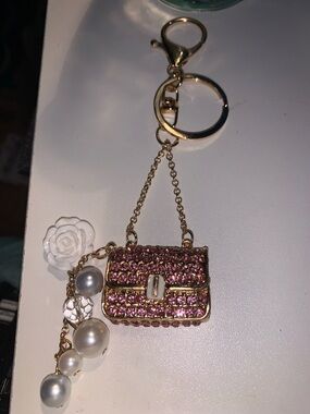 Pink Crystal Purse/bag charm Keychain with White Flower & Pearls